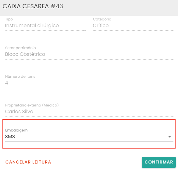 Figura 11 – Como informar a embalagem utilizada no material