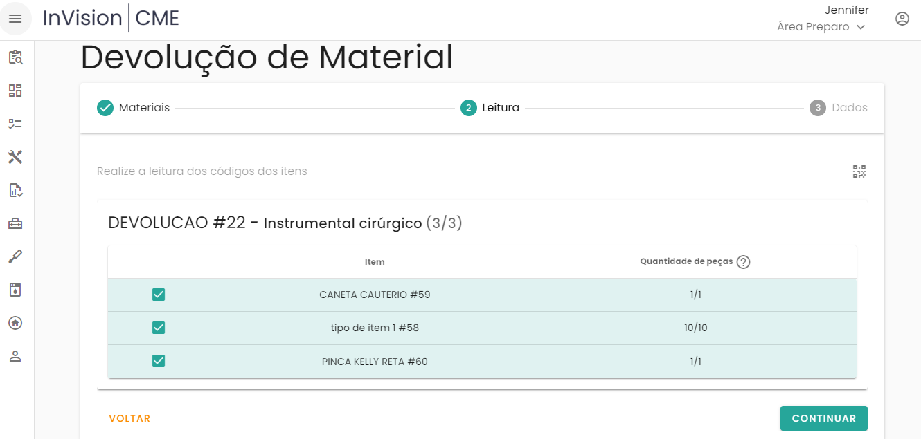 Figura 11 – Tela para leitura de itens na devolução de materiais