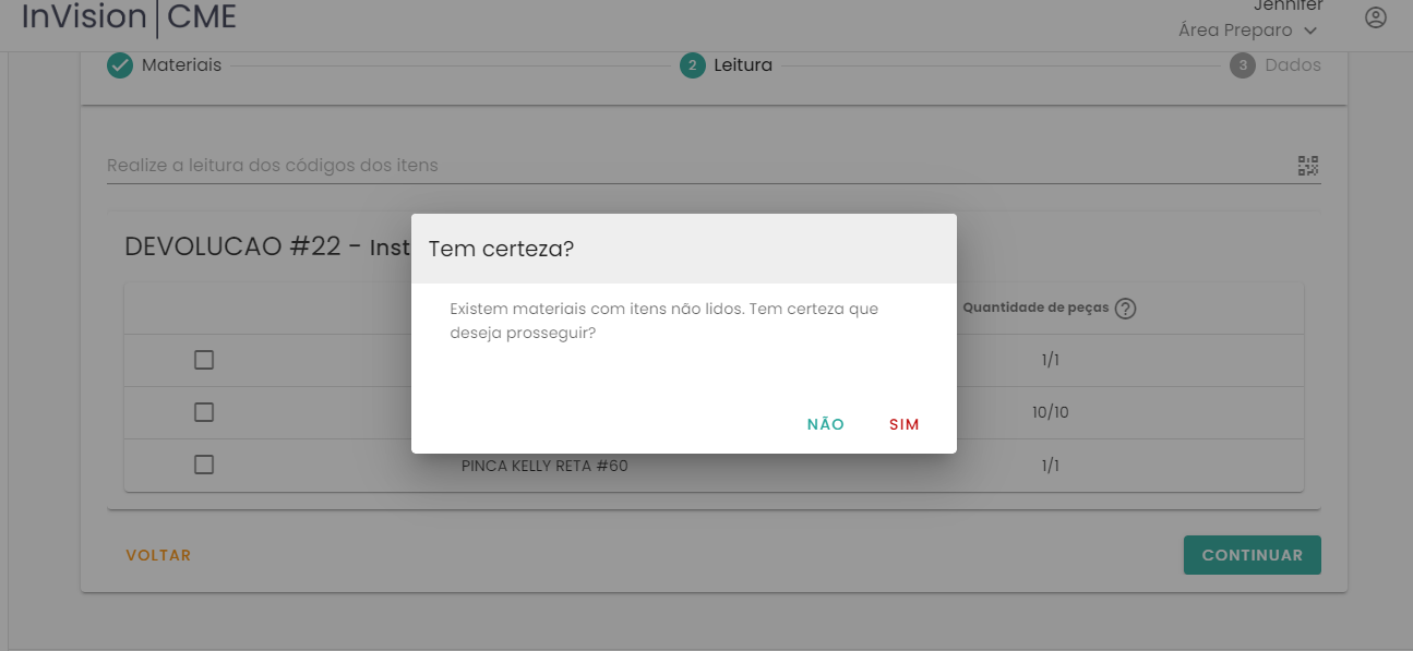 Figura 12 – Mensagem de confirmação para itens não lidos na devolução de materiais