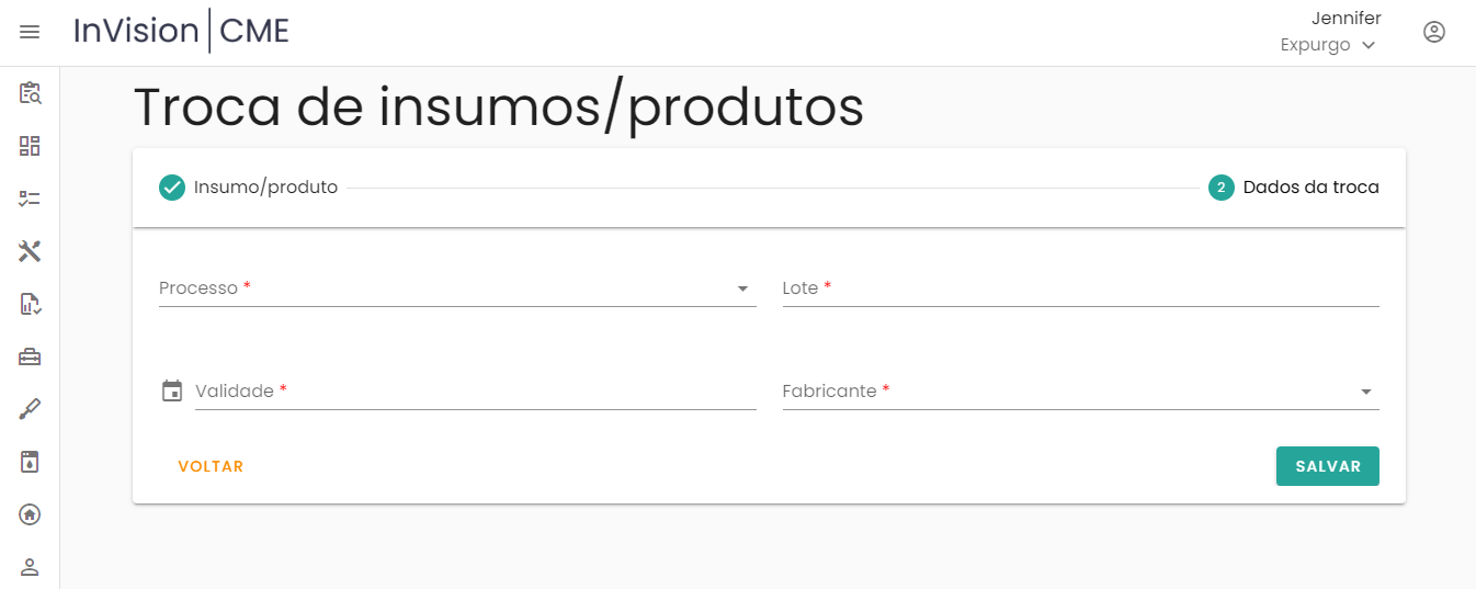 Figura 18 – Tela para registro dos dados da troca de insumos/produtos