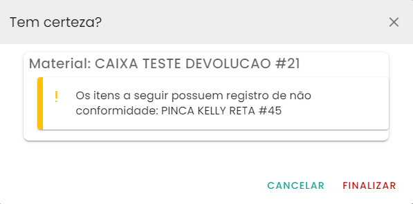 Figura 19 – Mensagem de confirmação de não conformidade de itens