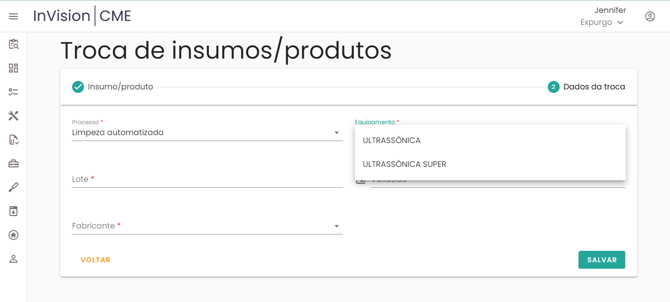 Figura 19 – Tela para registro dos dados da troca de insumos/produtos (equipamento)
