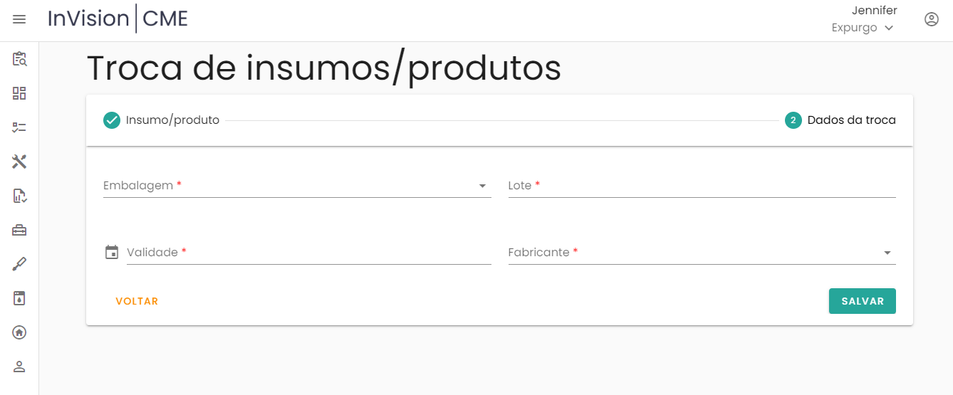 Figura 20 – Tela para registro dos dados da troca de insumos/produtos (embalagem)