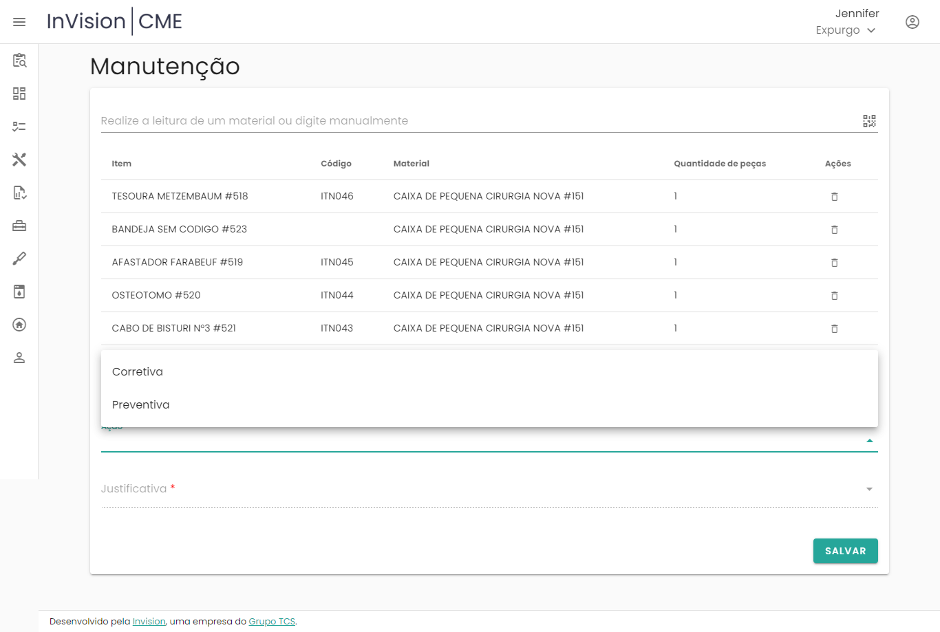 Figura 21 – Ferramenta para registro de manutenção