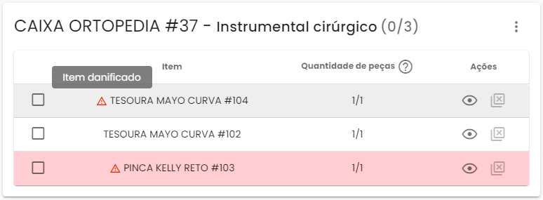 Figura 5 – Tabela de materiais lidos: não conformidades registradas em etapas anteriores
