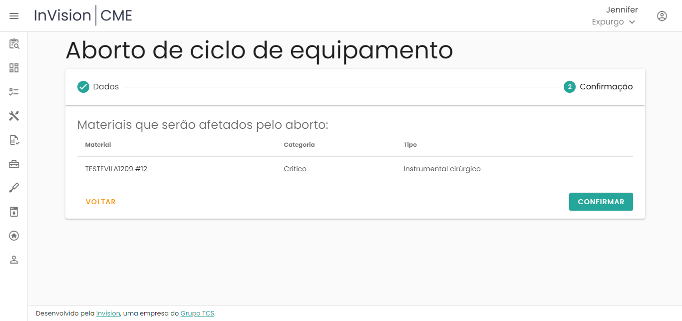 Figura 7 – Tela para confirmar os materiais que serão afetados pelo aborto