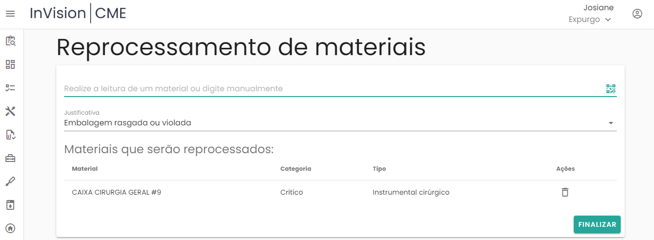 Figura 8 – Ferramenta para realizar reprocessamento de materiais